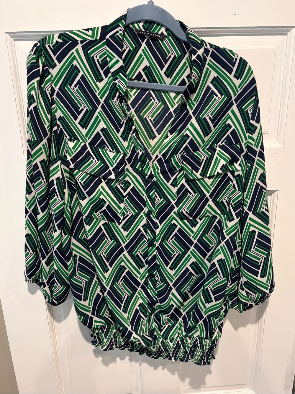 Zac & Rachel Green Navy Geometric Button-Front Blouse
